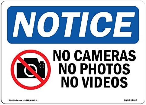 OSHA Sign Sign - אין מצלמות אין תמונות אין סרטונים | שלט פלסטיק קשיח | הגן על העסק שלך, אתר הבנייה, המחסן והחנות שלך | מיוצר בארהב